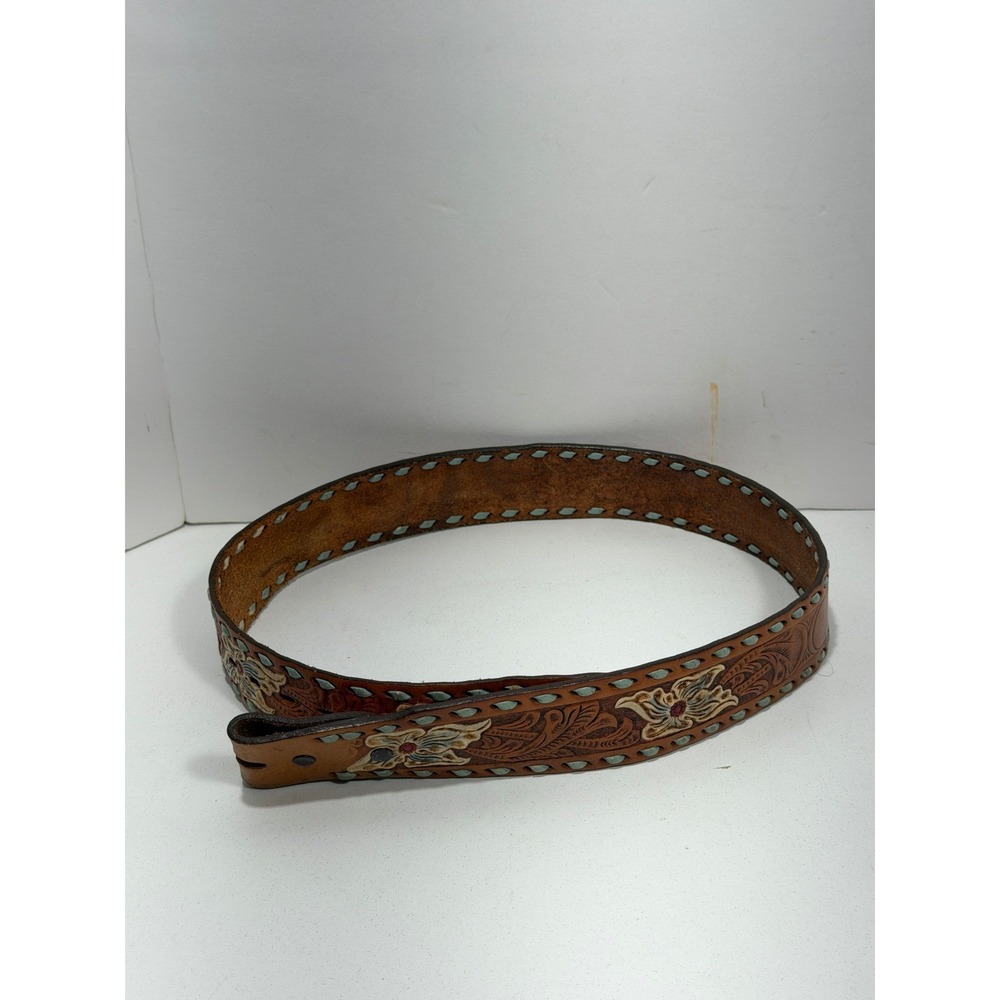 Justin Brown Tooled Leather Western Belt Turquoise‎ Laced Floral 34.5" no buckle